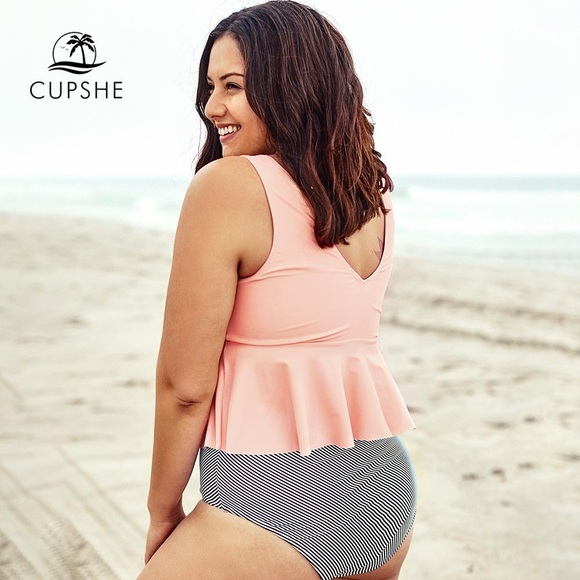pink peplum and striped tankini